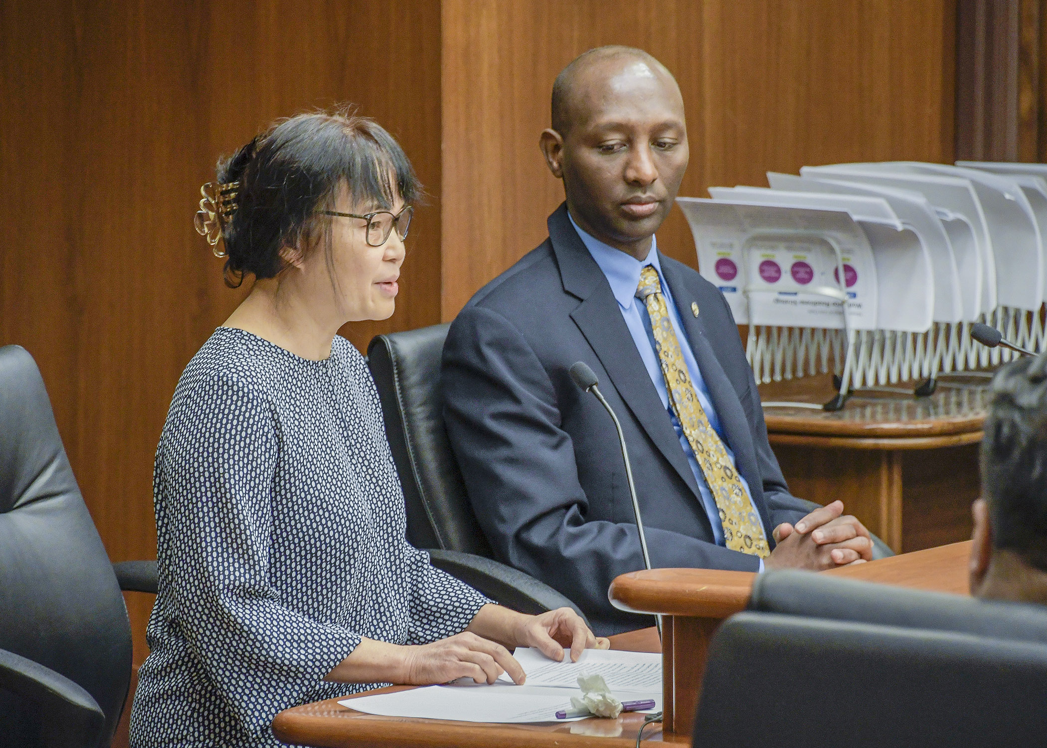 Ku She Saw, a new U.S. citizen, testifies before the House Jobs and Economic Development Finance Division in support of a bill sponsored by Rep. Mohamud Noor, right, that would provide funding for New American workforce training. Photo by Andrew VonBank
